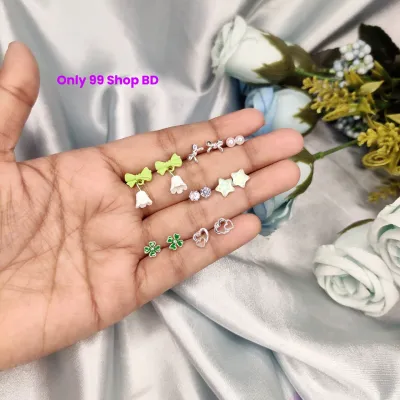 7 Pairs Green Clover Stud Earring Set (1 Pata)